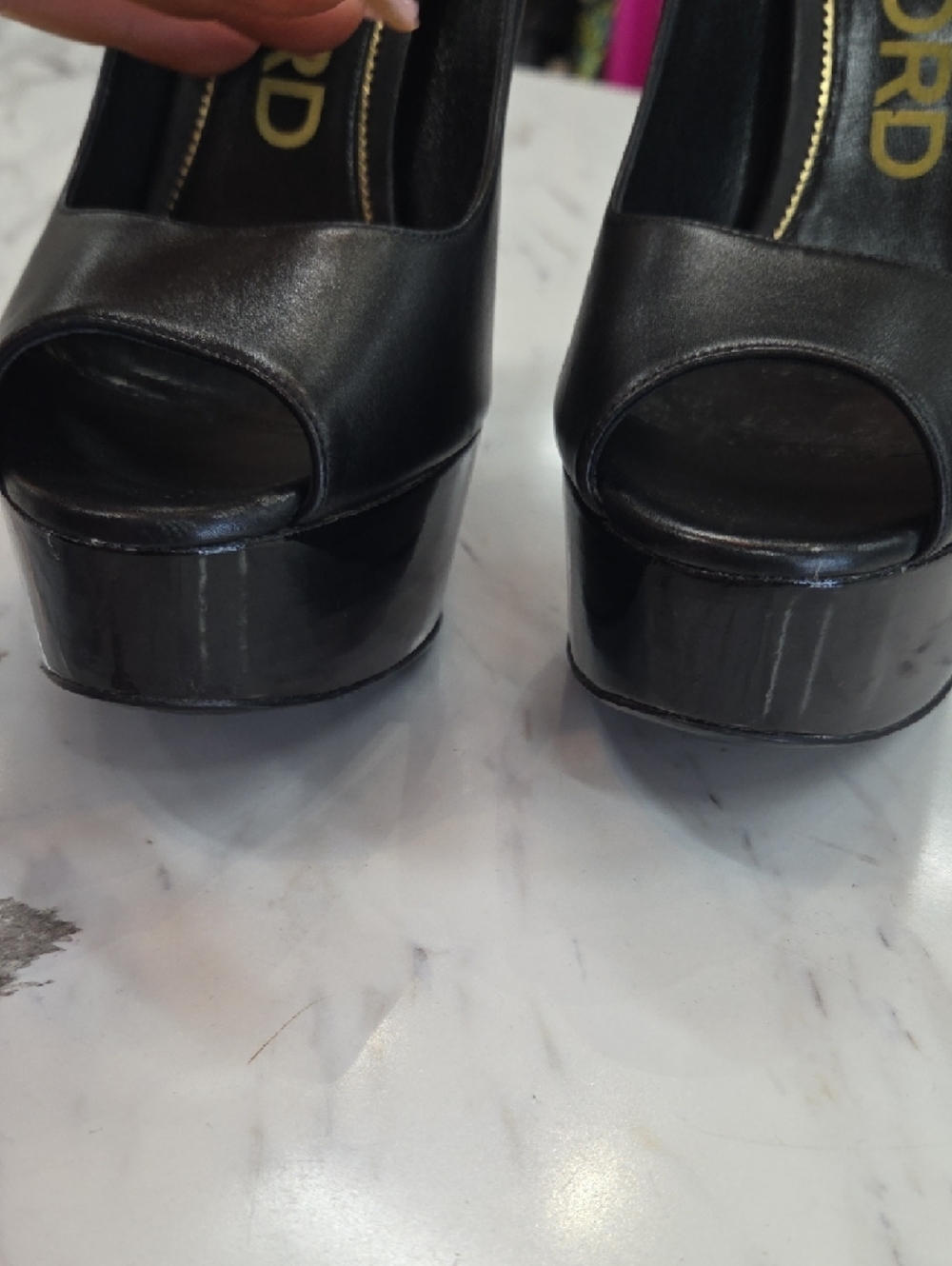 Tom Ford Black Leather Platform Peep-Toe Heels with Gold Buckle - Picture 7 of 11